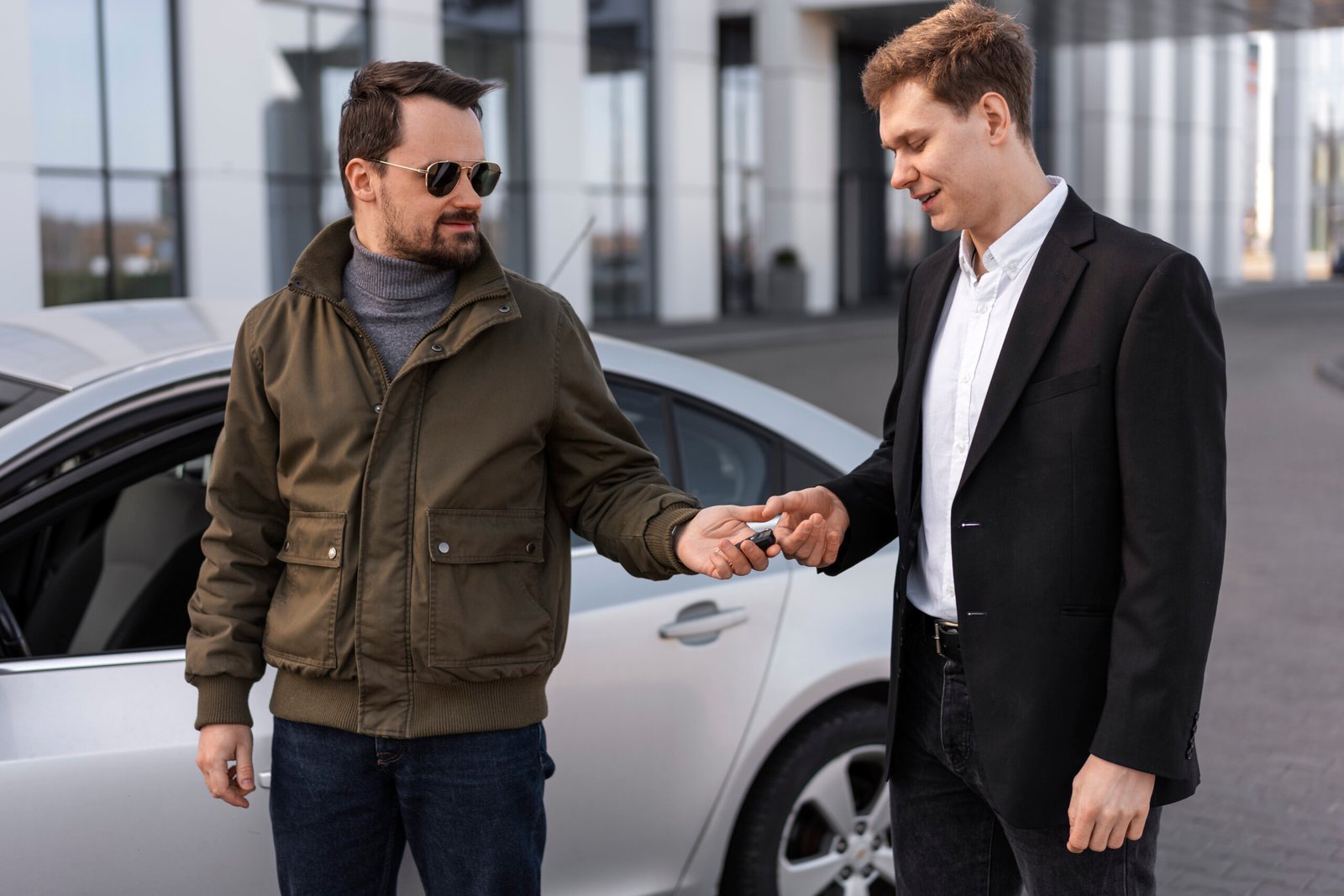 Deux hommes échangent des clés devant une voiture.